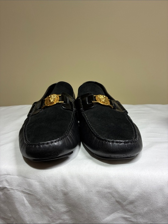 Versace Gold Medusa Black Suede & Patent Leather Loafers with Gold Hardware main image 16